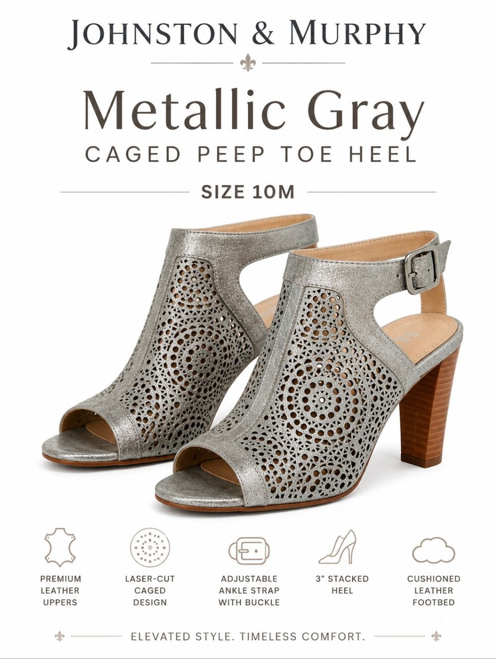 Johnston & Murphy Women's Metallic Gray Caged Peep Toe High Heel Shoe Size 10M